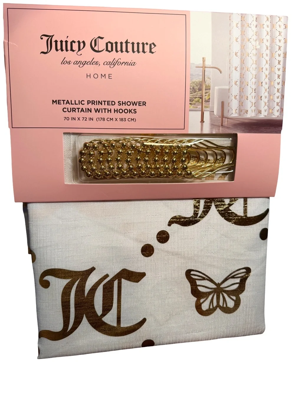Juicy Couture LA NWT White Cloth Shower Curtain with Gold JC Logo & 12 Hooks